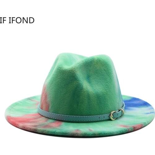 56-58cm Tie dye Wide Brim Fedora Hat Women Men Wool Felt Jazz Hats with Simple Belt Church Derby Top Hat