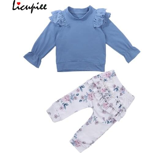 1-4 Years 2pcs Kids Baby Girl Fall Clothing Blue Solid Lace Long Sleeve Top T-shirt+floral Print Long Pants Soft Cotton Clothes