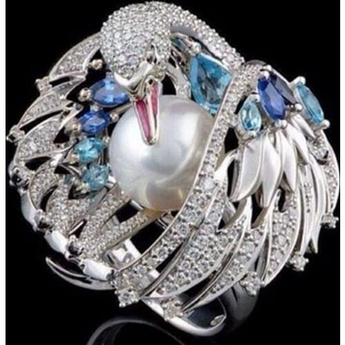 Luxury Retro White Swan Pearl Wedding Ring Ladies Engagement Ring Fashion Trend Party Gift Jewelry Personality Versatile Exquisi