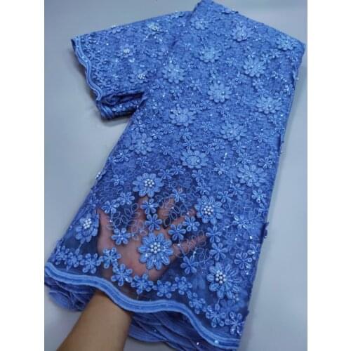 Blue African French Net Lace Fabric 2021 High Quality Tulle Mesh Lace Bridal Nigerian Wedding Dress Lace With Beads 5Yards