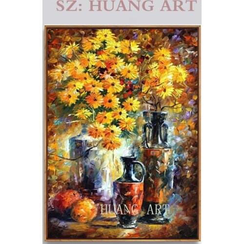 Vase on modern abstract art outfit yellow chrysanthemum knife flower oil painting wall decoration apple still life