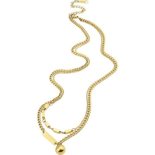 Beautiful Double Layer Chain Square And Ball Pendant Necklace For Women Stainless Steel Top Quality Gold Color Fashion Jewelry