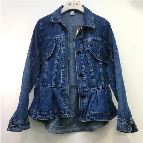Spring Autumn Casual Dark Blue Light Blue Slim Denim Jacket Ruffled Hem Waist Female Lapel Long Sleeve Jeans Jacket Veste Femme
