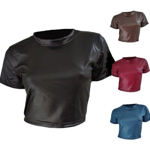 Women Faux Leather T-Shirt Crop Tops Short Sleeve Sexy Punk Midriff Tee Clubwear Women Shirt