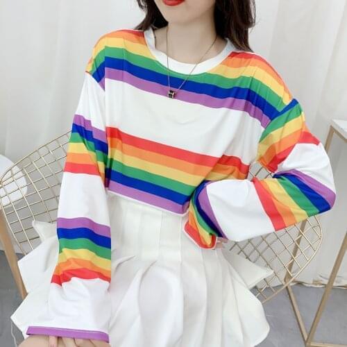 Fashion match women rainbow stripe t shirt autumn/winter Korean version loose round collar bottom shirt long sleeve top tide