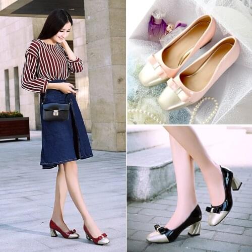 KOLNOO Handmade Womens Blocked Heels Pumps Patent Leather Butterfly-Knot Slip-On Party Prom Shoes Large Size Fashion Court Shoes