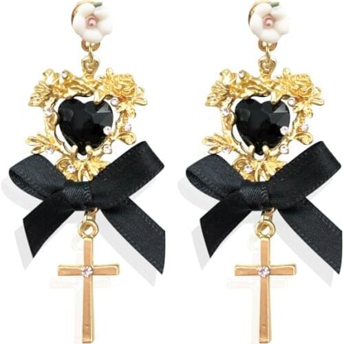 New Baroque Style Vintage Long Cross Bow Earrings for Women drop Crystal Personality Earrings jewelry Accessories
