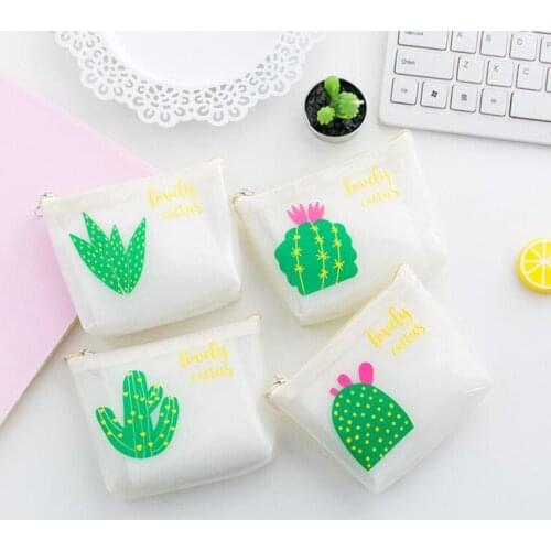 M135 Green Cactus Printing Women Purses Transparent Jelly PU Zero Purse Coin Bag