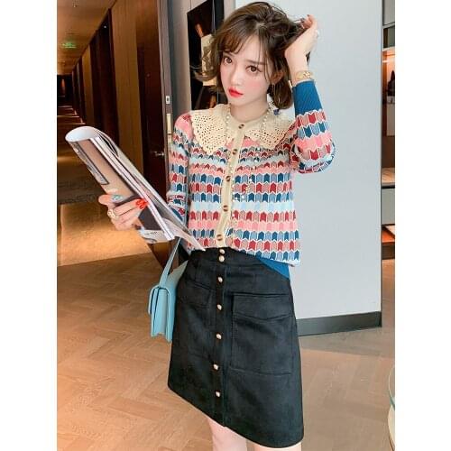 Western style all-match hollow crochet doll collar retro knitted cardigan womens 2020 autumn new