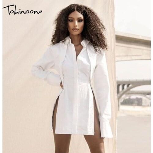 Tobinoone Spring Autumn Notched Shirt Sexy Bodycon Dress Women High Split Single Button Shirts Dresses Lady Long Sleeve Dress