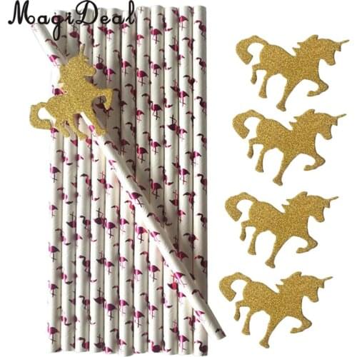 25pcs Glitter Gold Unicorn Paper Straws Rose Flamingo Pattern Christmas Wedding Birthday Party Juice Drinking Straws Tableware