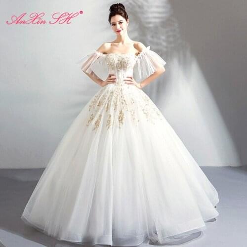 AXJFU luxury boat neck golden embroidery white lace wedding dress princess beading pearls ruffles sleeve wedding dress 7808