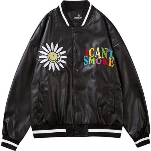 College Baseball Jacket Men PU Leather Coat Daisy Letter Embroidery Vintage Spring Autumn Hiphop Oversize Couple Leather Jackets