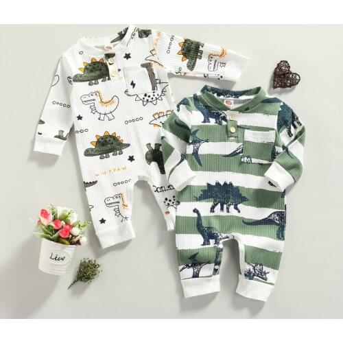 Winter Fall Baby Boys Casual Romper Dinosaur Printed Pattern Round Collar Long Sleeve Cotton Romper Jumpsuit White/ Dark Green