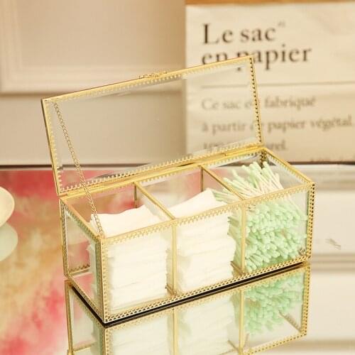 European style retro copper edge glass cotton swab box gourd puff storage box transparent gold bronze makeup box LX122405
