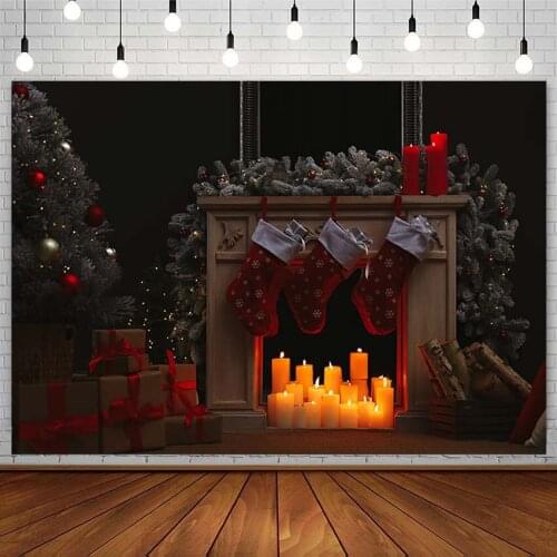 Winter Christmas Tree Backdrop Fireplace Socks Candle Gifts Wood Floor Photography Background Photo Studio Photozone Decor Props