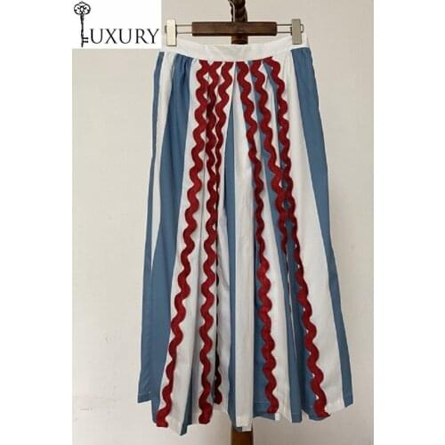 Quality 2020 Spring Top Summer Fashion Women Wave Patterns Embroidery Mid-Calf Length Casual A-Line Cotton Skirts Female