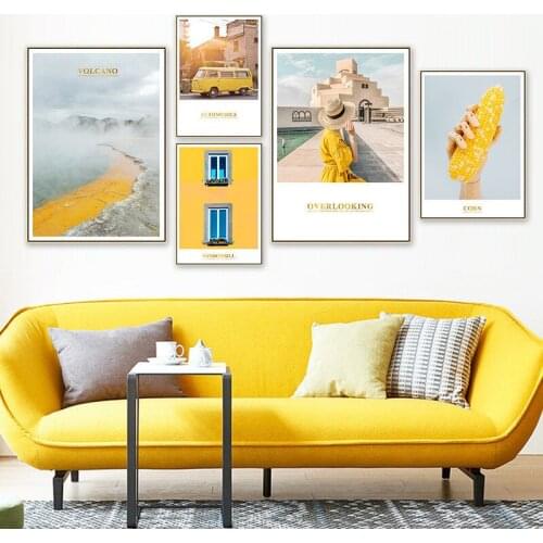 Nordic Spray Color Landscape Architecture Yellow Wall Bus Words Canvas Morden Painting Picture Poster Living Room Decoration