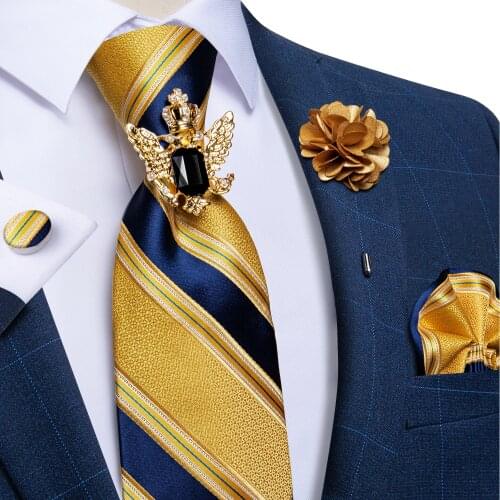 Classic Blue Striped Yellow Ties For Men Business Formal Neck Tie Handkerchief Cufflinks Brooch Pin Mens Tie Set Dorpshipping