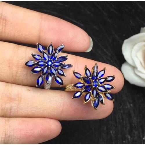 Flower Ring Natural real blue sapphire ring 925 sterling silver Fine handworked jewelry Finger rings