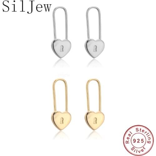 SilJew 100% 925 Sterling Silver Gold Heart Locker Square Hoops Circle Piercing Pendiente Luxury Women Fashion Jewelry 2021 Trend