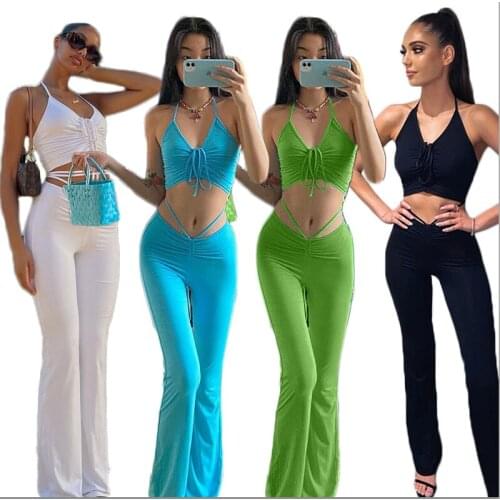 Fashion Halter Criss-Cross Crop Top And Womens Drawstring Pants Matching Sets Skinny Hollow Out Sexy Two Piece Set For Women