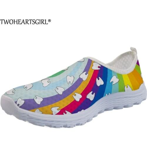 Rainbow Cartoon Teeth Pattern Nursing Shoes for Women Slip On Summer Work Shoes Breathable Nurse Girls Print Light Walk Sneaker