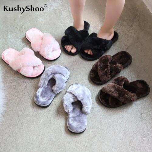 KushyShoo Kids Furry Slippers 2020 New Winter Childrens Home Slippers Korean Girls' Indoor Warm Cotton Slippers Baby Fur Slides