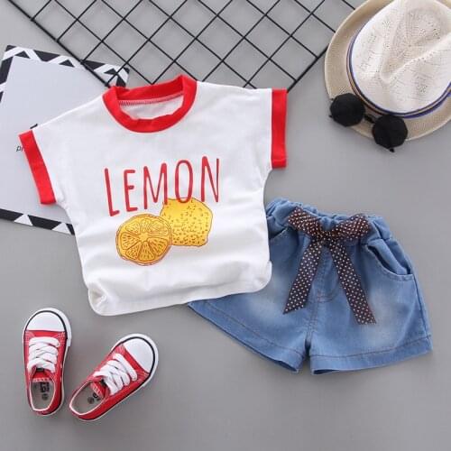 Summer Kids Sets Girls Fashion Sets Toddler Girls Clothes Cartoon Printed Short Sleeve + Denim Shorts Two-piece Childrens Sets