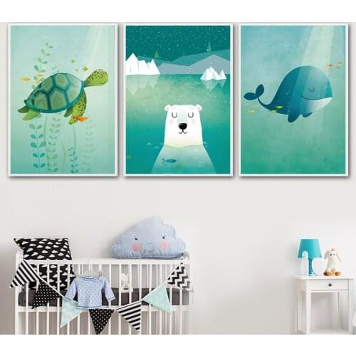 Cartoon Bear Turtle Hippo Sun Whale Nordic Posters And Prints Wall Art Canvas Painting Wall Pictures Kids Baby Room Home Decor