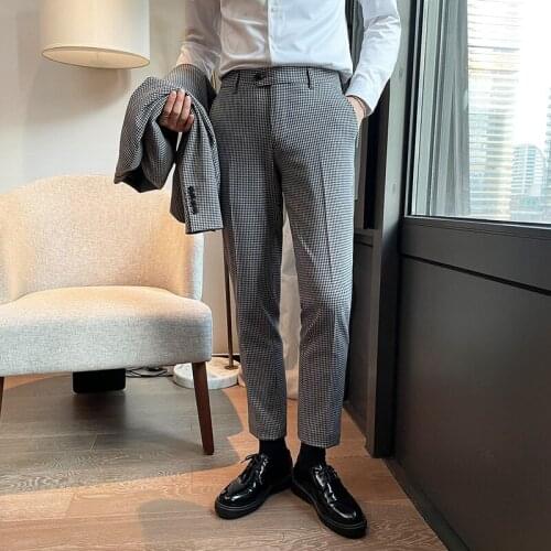 Classic Houndstooth Men Suit Pants Ankle Length Business Dress Pant Male Office Social Casual Slim Pants Wedding Office Trousers