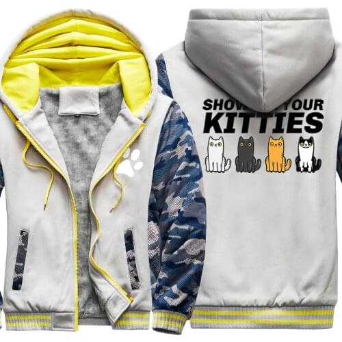 Show Me Your Kitties Print Camouflage Mens Raglan Thicken Jackets New Arrival Long Sleeve Winter Tracksuits Hipster Retro Homme