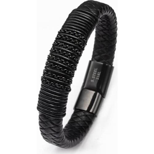 Black Charm Genuine Leather Men Male Sporty Charm Bracelets Punk Handmade Stainless Steel Chain Link Cuff Bracelet homme