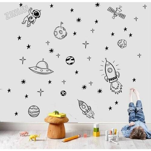 Boy Room Wall Decals Cosmos Rocket Ship Astronaut Stars Vinyl Wall Sticker For Children Room Decoration Fashion Wall Decal Y280
