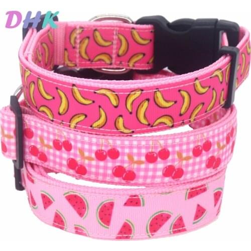 DHK 1'' 25mm Dog Collar Pink Fruit Banana Watermelon Cherry Personalized Adjustable High Quality Ribbons Pet Collars E1978