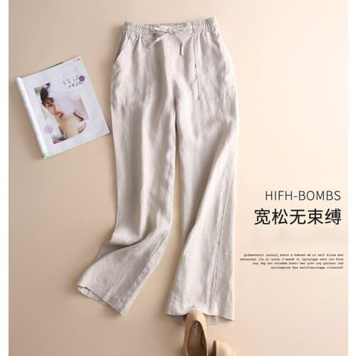 Casual Elastic Waist Vintage Wide Leg Pants Plus Size New Arrival Spring Summer Women Cotton Linen Loose Pants All-Matched