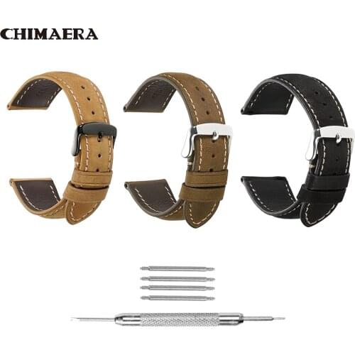 CHIMAERA Watch Strap Genuine Leather Watchbands 18mm 19 20mm 21 22 24mm Black Silver Pin Buckle Steel Wrist Belt Bracelet + Tool