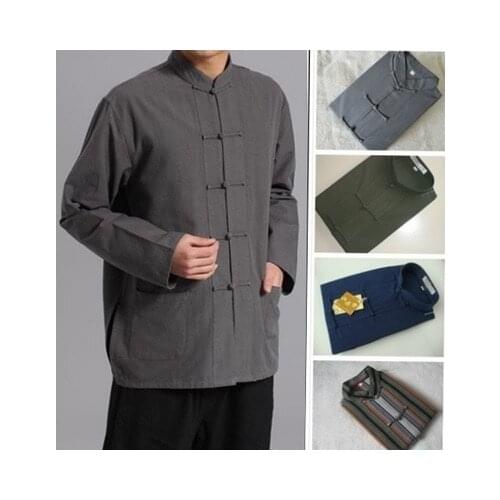 Spring Autumn Shirt Blouse Mens Kung Fu Wushu Martial Arts Chinese Frog Button Linen Top Shirt Tai Chi Shaolin Clothes