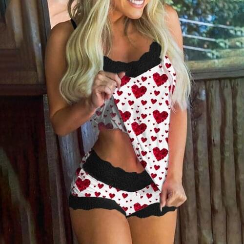 S-2XL Summer Two Pieces Suit Women Fashion Clothings Home Wear Heart Print Splicing Lace Oversized Vest Tops Shorts Pajamas Sets