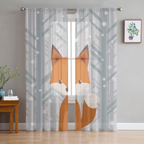 Winter Snowing Forest Cartoon Fox Window Curtains Bedroom Modern Drape Sheer Tulle Valances Living Room Kitchen Voile Curtain