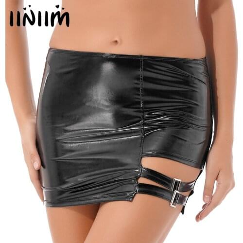 Women Latex Skirts Metal Buckle Decor Hollow Out Patent Leather Skirt Clubwear Pole Dancing Costume Elastic Waistband Miniskirt