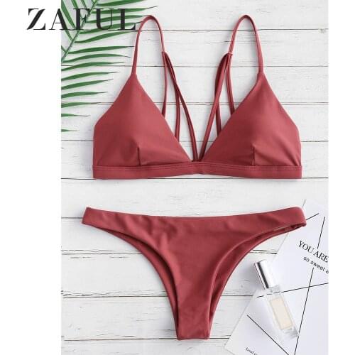 ZAFUL Back Strappy Padded Bathing Suit Women Spaghetti Straps Thong Bikini Set Padded Solid Two Piece Swimwear Summer Beachwear
