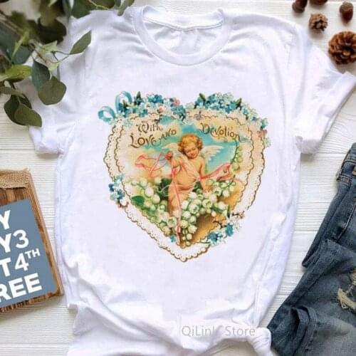 Vintage Angel Print Short Sleeve Shirt Women Sexy Crop Tops 2021 Summer Casual Basic Woman T Shirts White