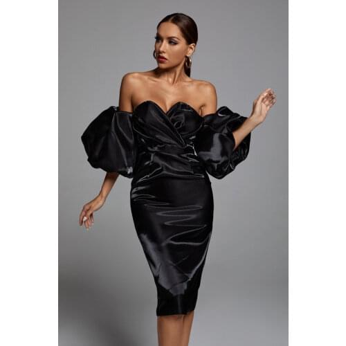Latest Fashion Womens Clothing Chic Puff Sleeves Off Shoulder Sexy Night Club Party Midi Dress Celebrity Vestido Style