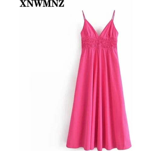 XNWMNZ Women Summer voluminous poplin dress Female v-neck adjustable thin straps side in-seam pockets dress smocked dresses robe
