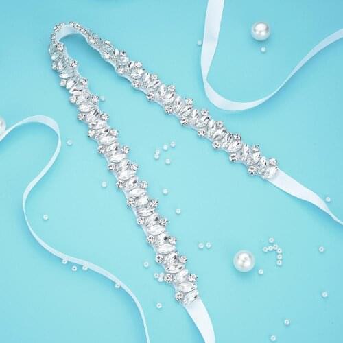1PC) Silver crystal rhinestone applique belt with satin ribbon for wedding dress accessories WDD1060