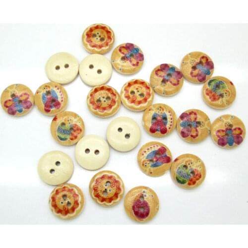 100pcs 15mm Mixed Round Insects Wooden Buttons For Clothes Crafts Sewing Decorative Needlework Scrapbooking DIY Accessories
