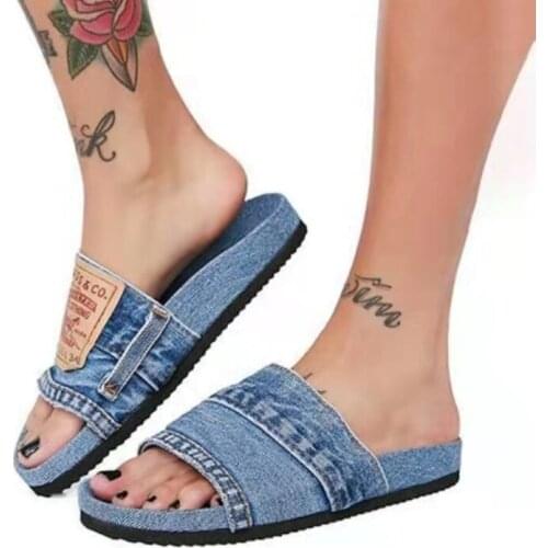 2021 womens sandals beach solid casual denim fish mouth flat heel low top slippers Denim casual outdoor slippers