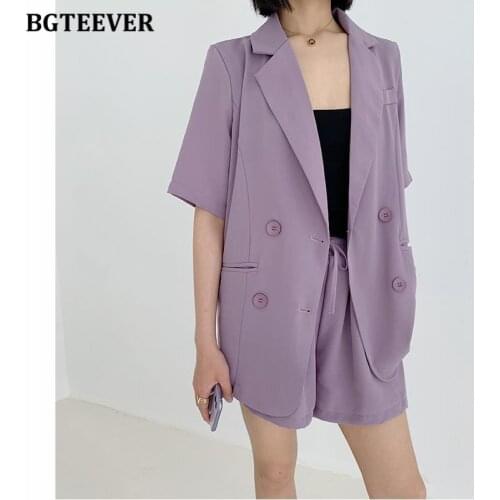 BGTEEVER Casual Loose Women Shorts Suits Double Breasted Jacket & Drawstring Shorts 2021 Summer Ladies 2 Pieces Set Tracksuit