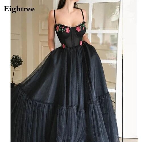 Eightree Black Long A Line Rose Evening Dresses Party Gown Spaghetti Sweetheart Sleeveless Formal Prom Dress vestido de festa